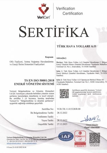 TÜRK HAVA YOLLARI BİNALARINA ISO 50001 SERTİFİKASI 21 Mart 2023