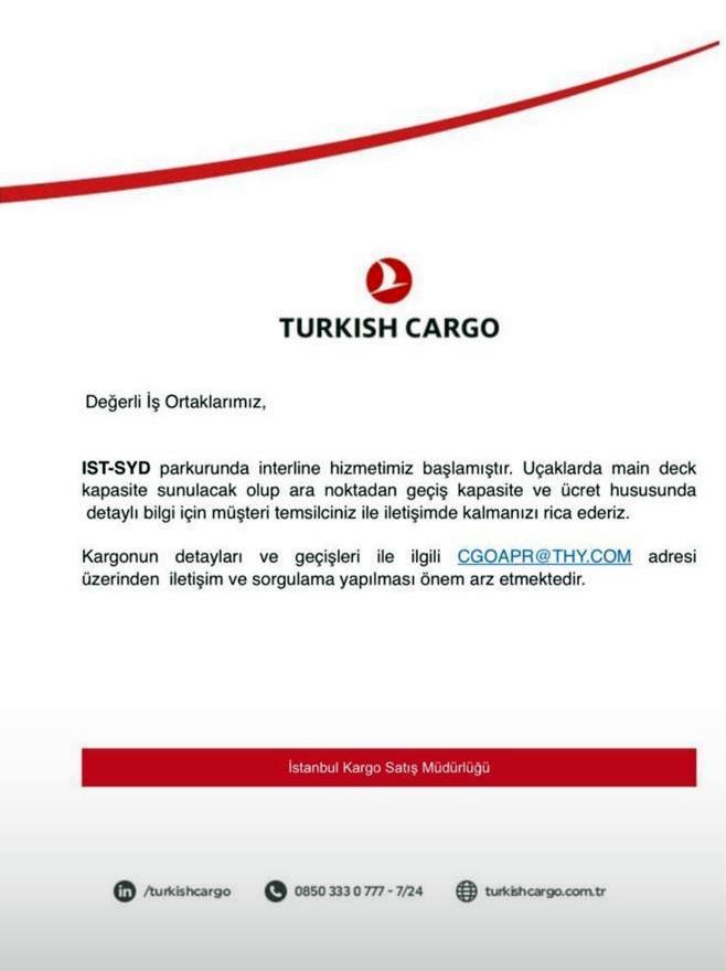 TURKISH CARGO, ISTANBUL SIDNEY KARGO SATIŞI BAŞLADI 25 Nisan 2024