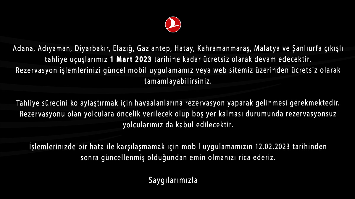 Deprem Bölgesi çıkışlı tahliye uçuşları 1 Mart 2023 tarihine kadar ücretsiz 4 Mayıs 2024