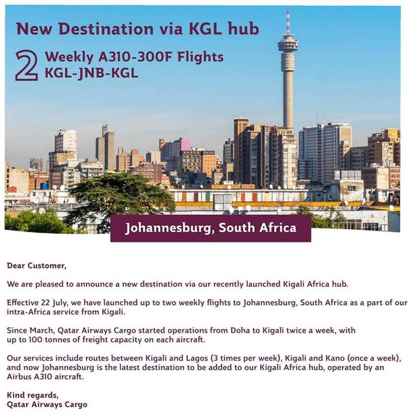Katar Kargonun Kigali'den Afrika içi kargo destinasyonları 8 Mayıs 2024