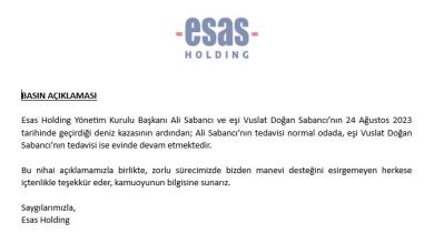 Esas Holding Yönetim Kurulu Başkanı Ali Sabancı’nın geçirdiği deniz kazası sonrası sağlık durumuyla ilgili güncel basın açıklaması 21 Eylül 2023
