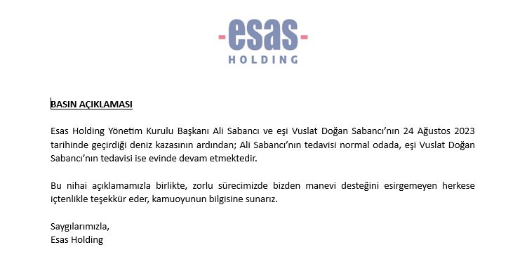 Esas Holding Yönetim Kurulu Başkanı Ali Sabancı’nın geçirdiği deniz kazası sonrası sağlık durumuyla ilgili güncel basın açıklaması 8 Mayıs 2024