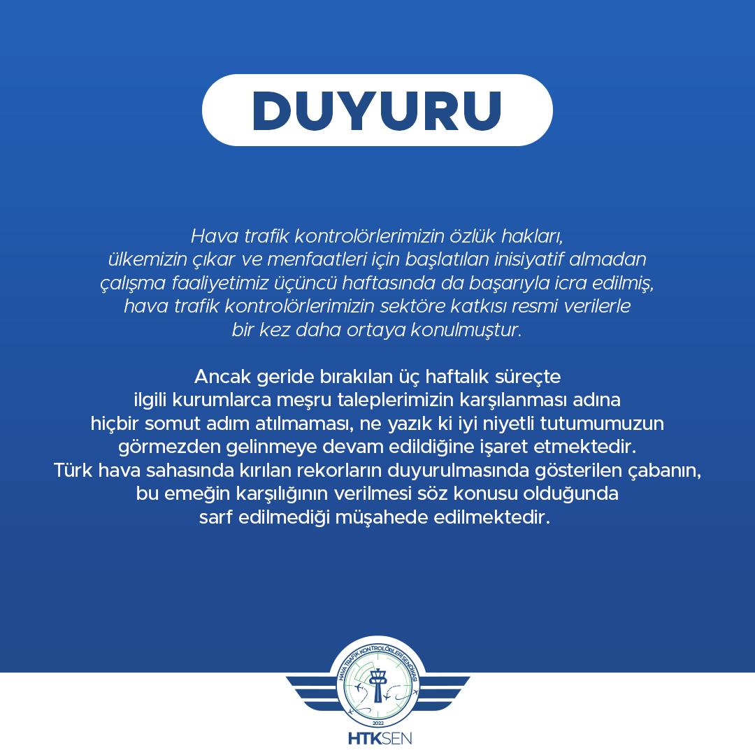 Hava trafik kontrolörleri sendikasından "inisiyatif almadan çalışma" duyurusu 9 Mayıs 2024