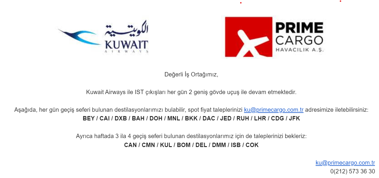 Kuveyt Kargo ile İstanbul Havalimanı'ndan günlük 2 geniş gövde uçuşu ile devam ediyor 28 Nisan 2024