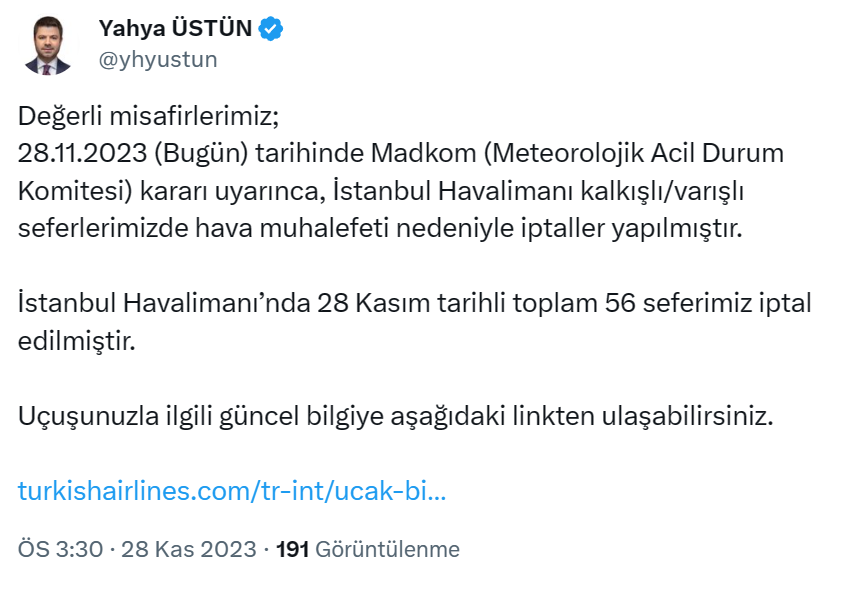 İstanbul Havalimanı'nda, olumsuz hava koşulları sebebiyle iptal edilen THY seferleri 29 Nisan 2024