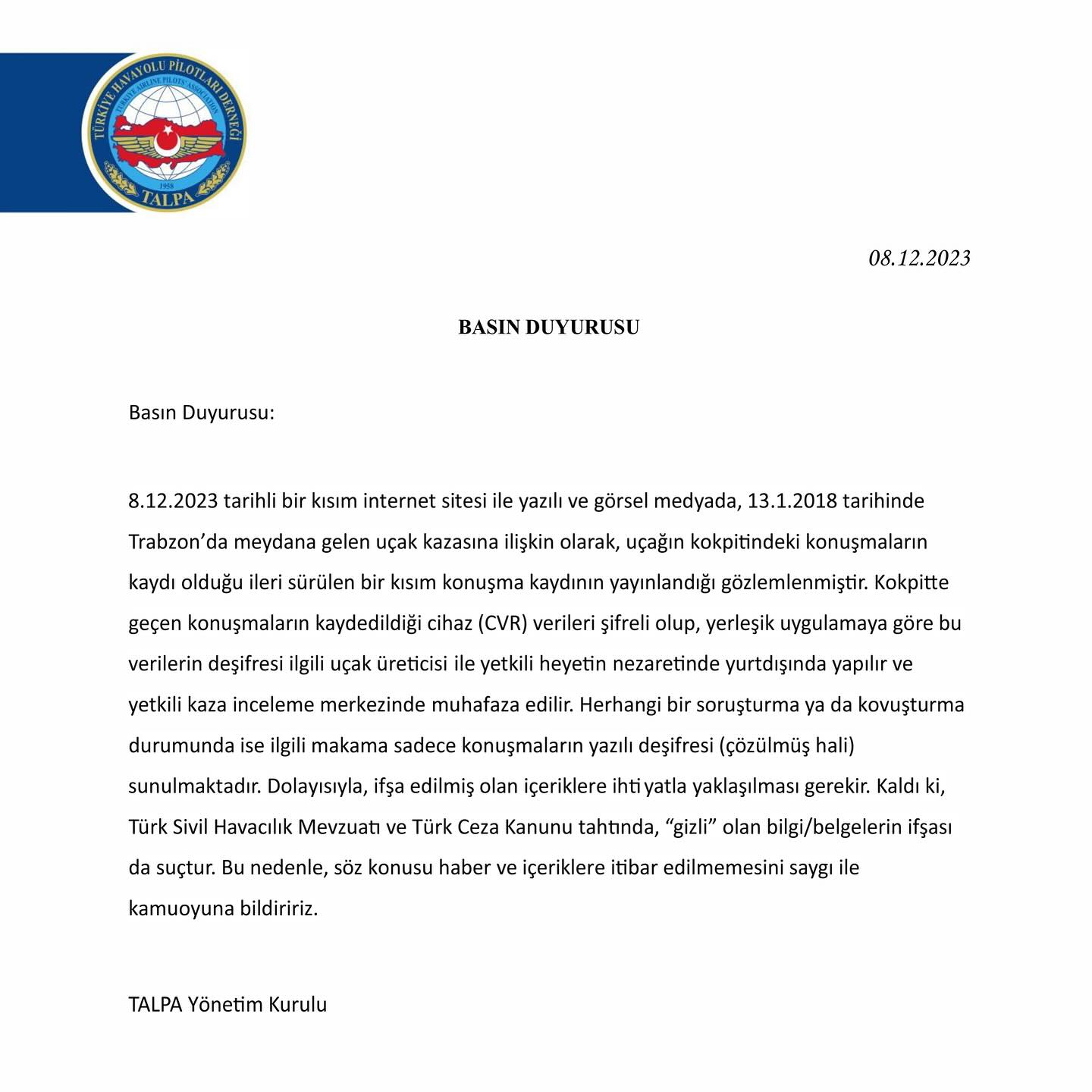 TALPA : Trabzon’da meydana gelen uçak kazasına ilişkin “gizli” olan bilgi/belgelerin ifşası da suçtur 15 Mayıs 2024