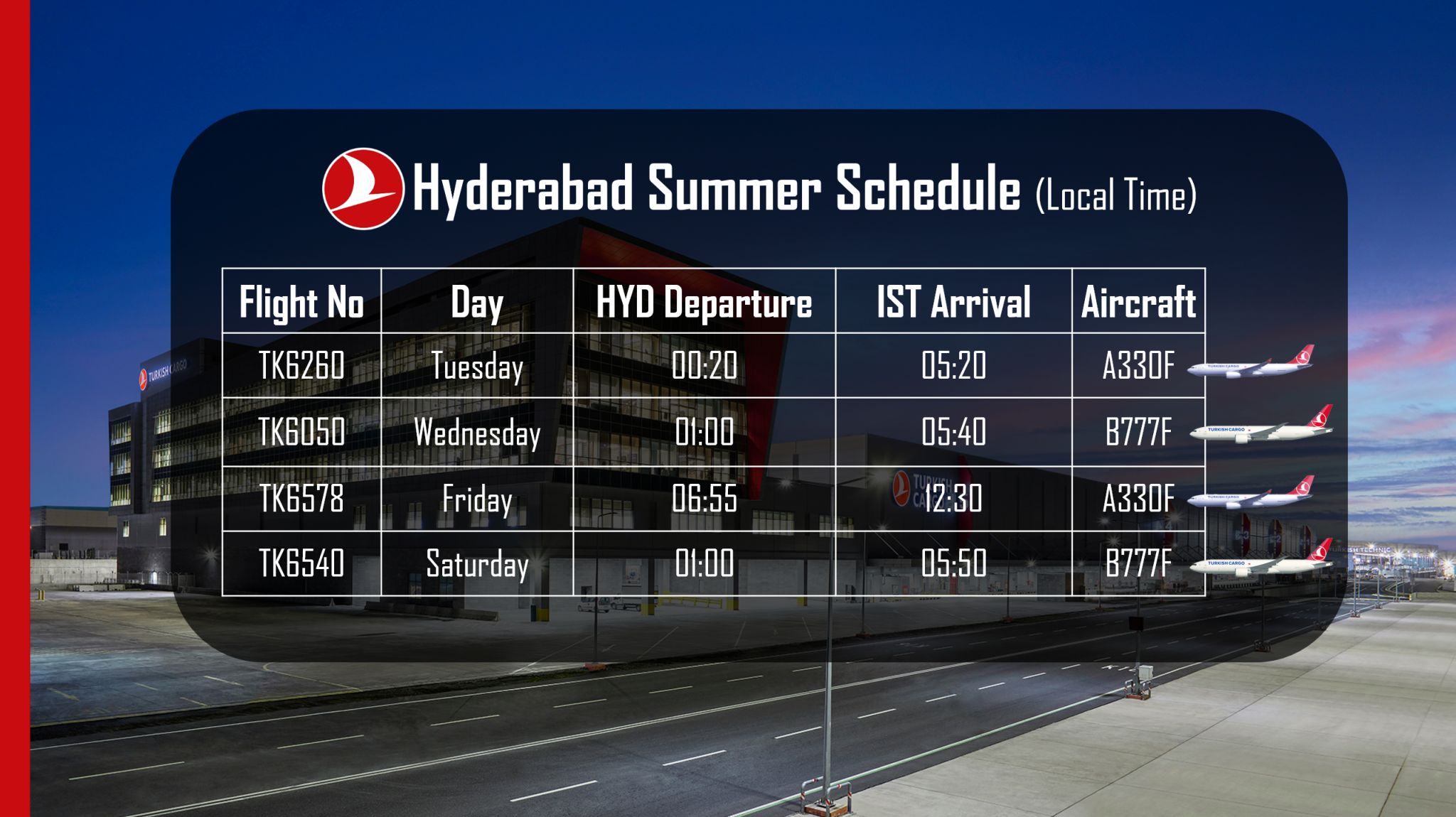 Turkish Cargo, Hyderabad (HYD) için yaz tarifesini güncelledi 27 Nisan 2024