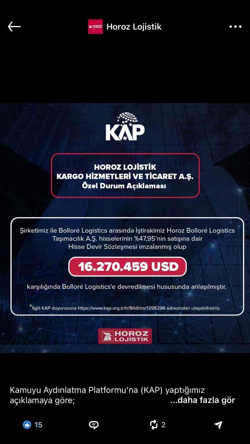 Horoz Lojistik, Horoz Bollore Lojistik'teki Hisselerini Bollore Logistics'e Satıyor 19 Haziran 2025