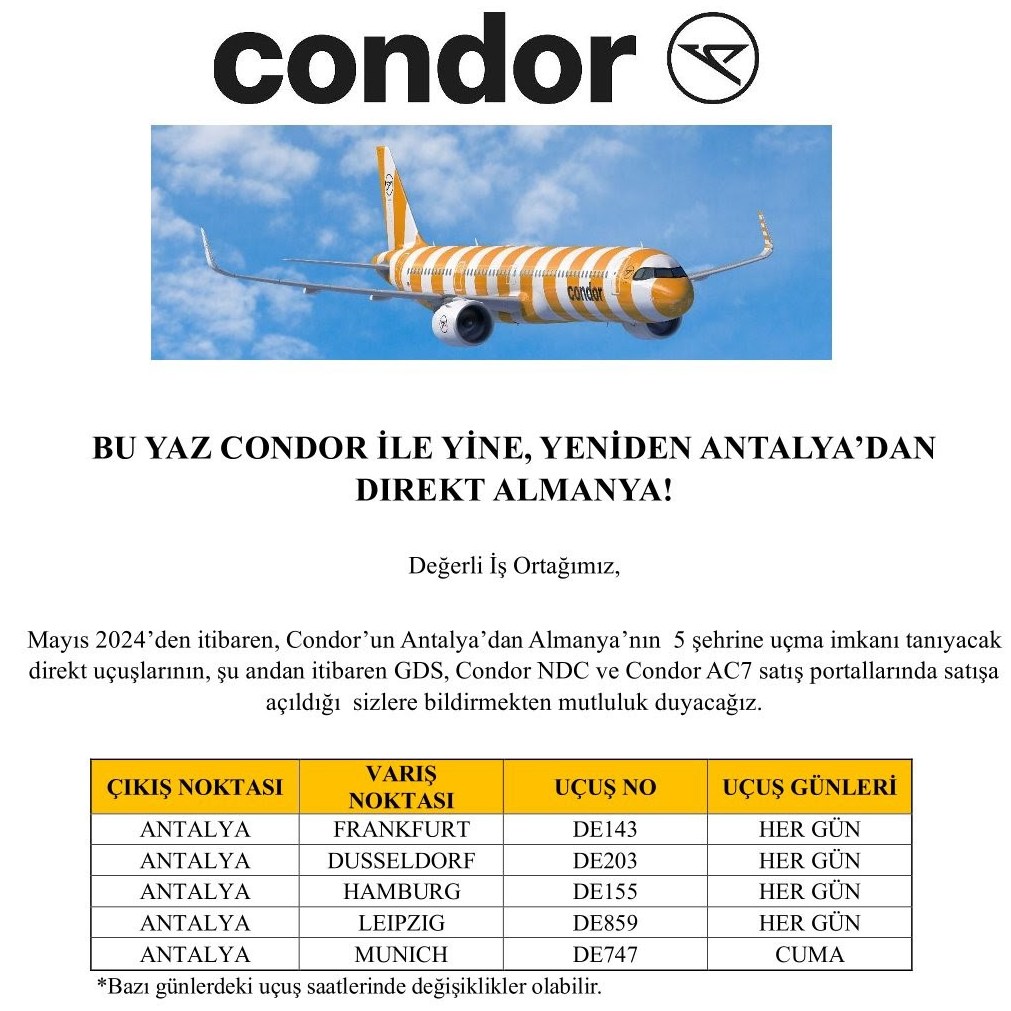 CONDOR İLE DİREKT ANTALYA’DAN ALMANYA’NIN 5 ŞEHRİNE UÇUŞLAR CONDOR İLE DİREKT ANTALYA'DAN ALMANYA'NIN 5 ŞEHRİNE UÇUŞLAR 6 Aralık 2025