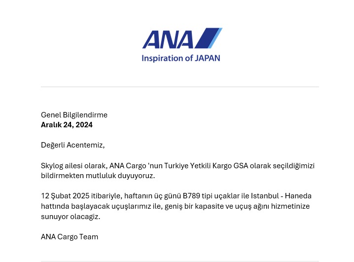 Japon ANA Havayolları'nın Türkiye GSA’si SKYLOG Oldu! 18 Haziran 2025