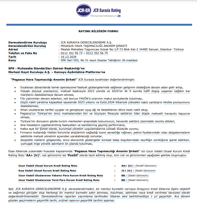 Pegasus'a, JCR Eurasia Tarafından Yüksek Kredi Notu