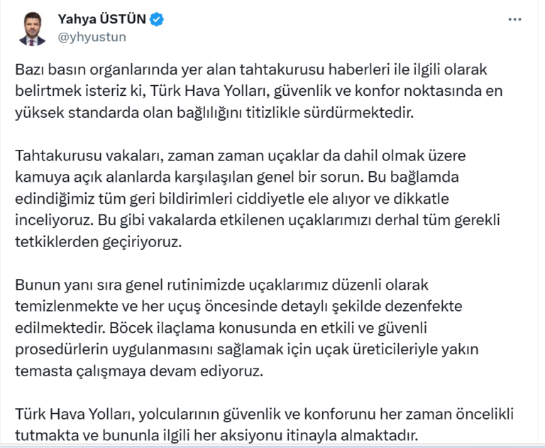 Türk Hava Yolları’nda “Tahtakurusu” İddiası: Kriz Yönetiminde Dikkat Çekici Bir Süreç