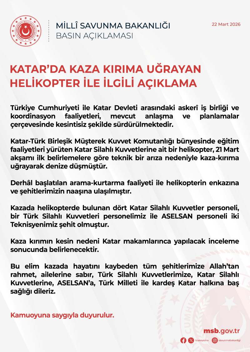 KATAR’DAKİ HELİKOPTER KAZASI: TÜRK HAVACILIK CAMİASI YASTA 22 Mart 2026